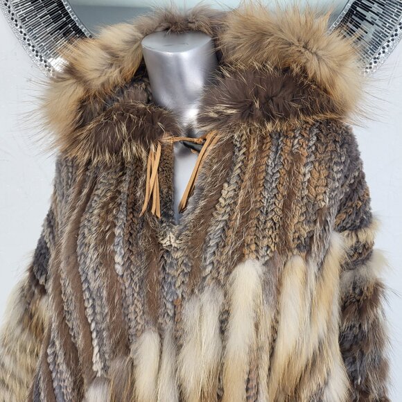 ALBERTO MAKALI~VINTAGE BROWN GENUINE FOX FUR REAL RABBIT HOODED PONCHO CAPE COAT - Picture 7 of 16